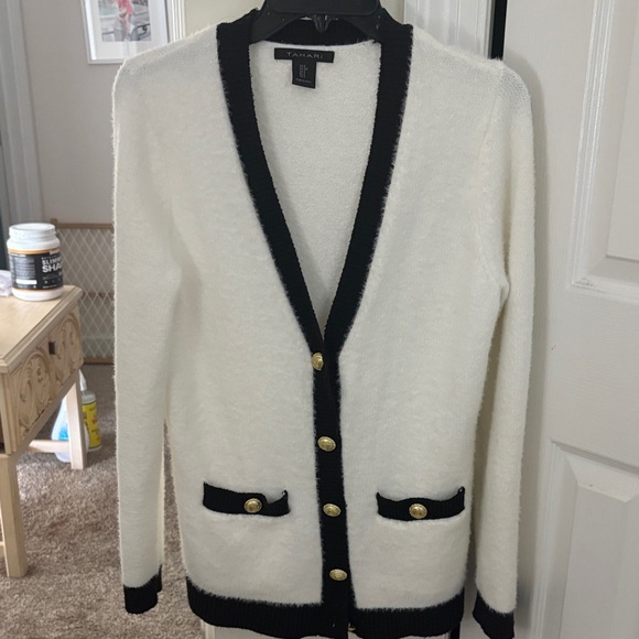 T Tahari Sweaters - T Tahari Cream and Black Cardigan with Gold Buttons